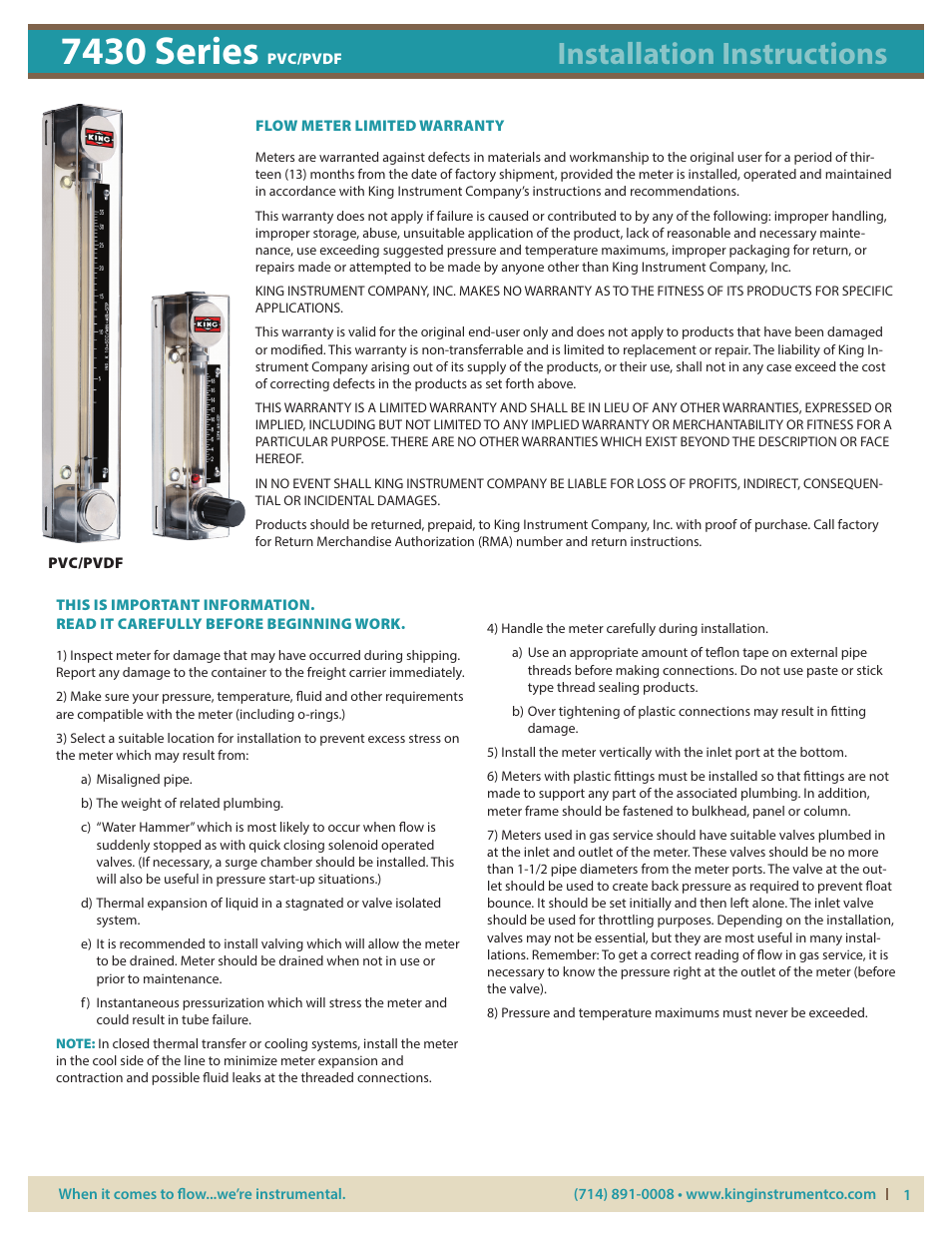 KING 7430 Series PVC_PVDF User Manual | 5 pages