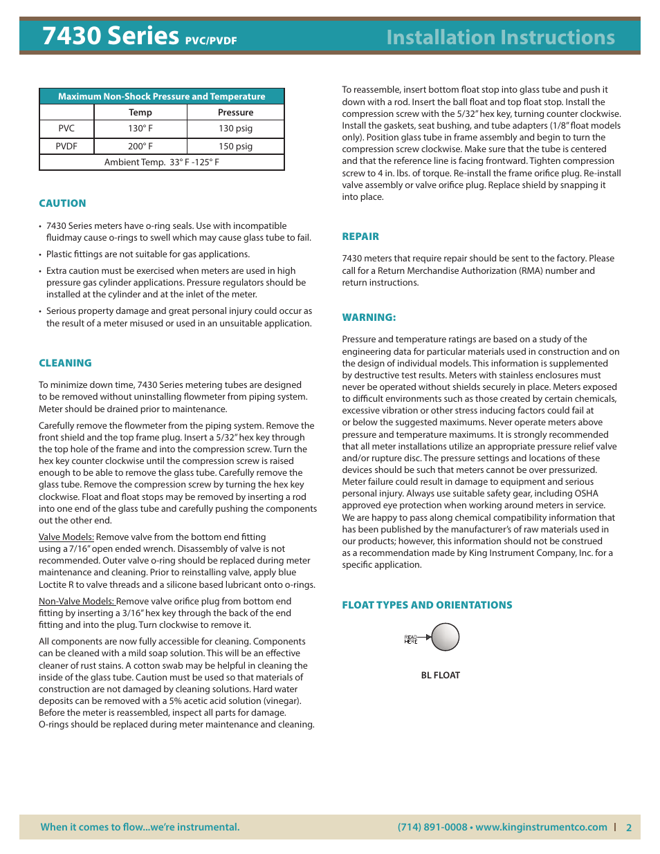 7430 series, Installation instructions | KING 7430 Series PVC_PVDF User Manual | Page 2 / 5