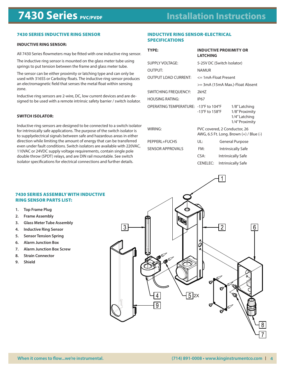 7430 series, Installation instructions, Inductive slot sensor-electrical specifications | Inductive ring sensor, Switch isolator, Fiber optic sensor, Fiber optic sensor-electrical specifications | KING 7430 Series PVC_PVDF User Manual | Page 4 / 5