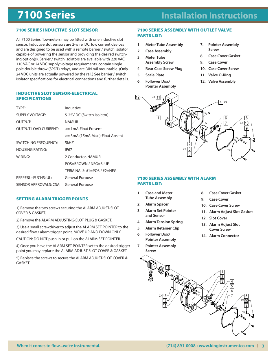 7100 series, Installation instructions, Inductive slot sensor-electrical specifications | Setting alarm trigger points | KING 7100 Series User Manual | Page 3 / 3