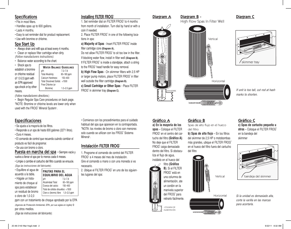 Installing filter frog, Specifications, Spa start up | Instalación filter frog, Especificaciones, Puesta en marcha del spa | King Technology FILTER FROG User Manual | Page 2 / 2