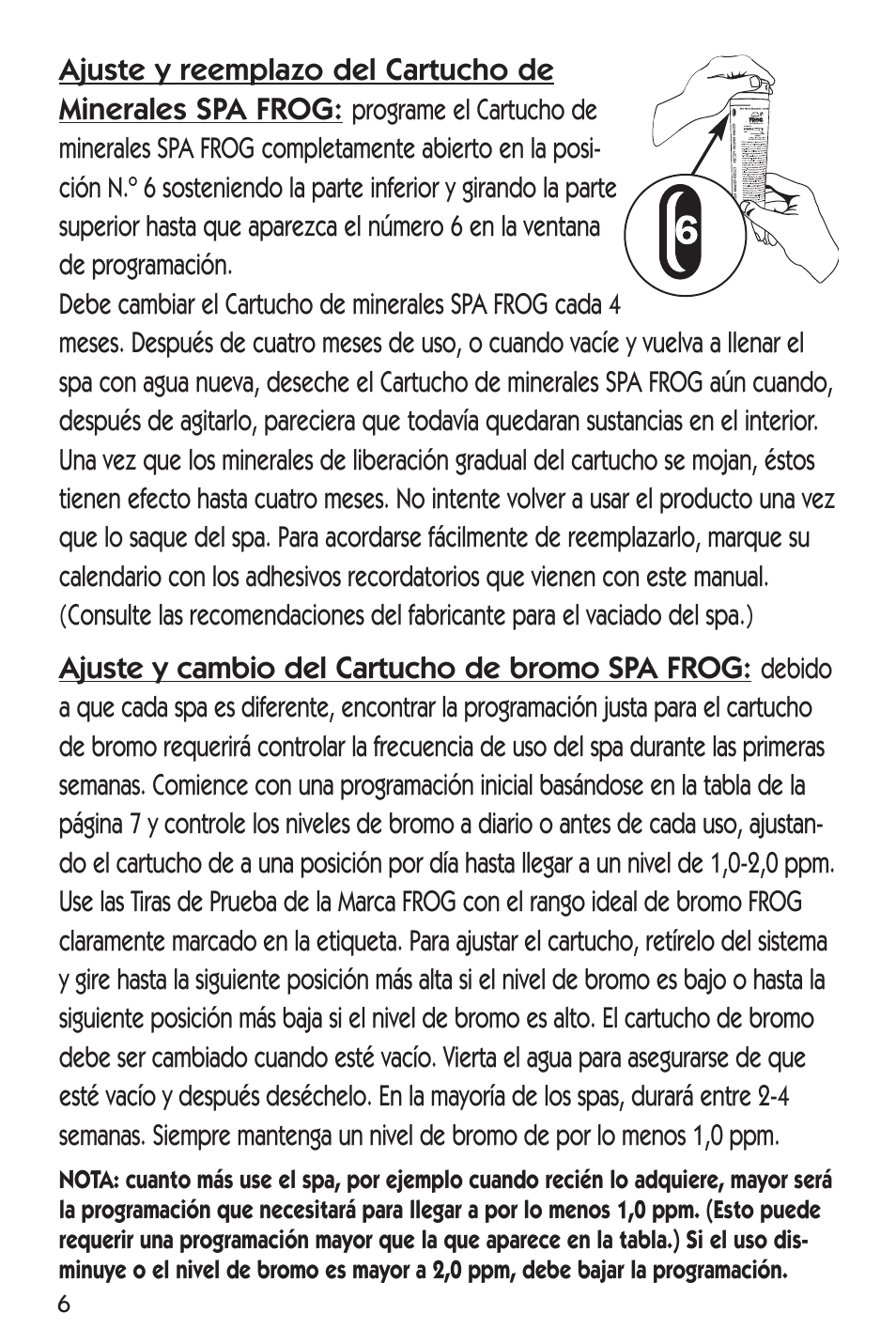 Ajuste y cambio del cartucho de bromo spa frog | King Technology SPA FROG In-Line System User Manual | Page 14 / 16