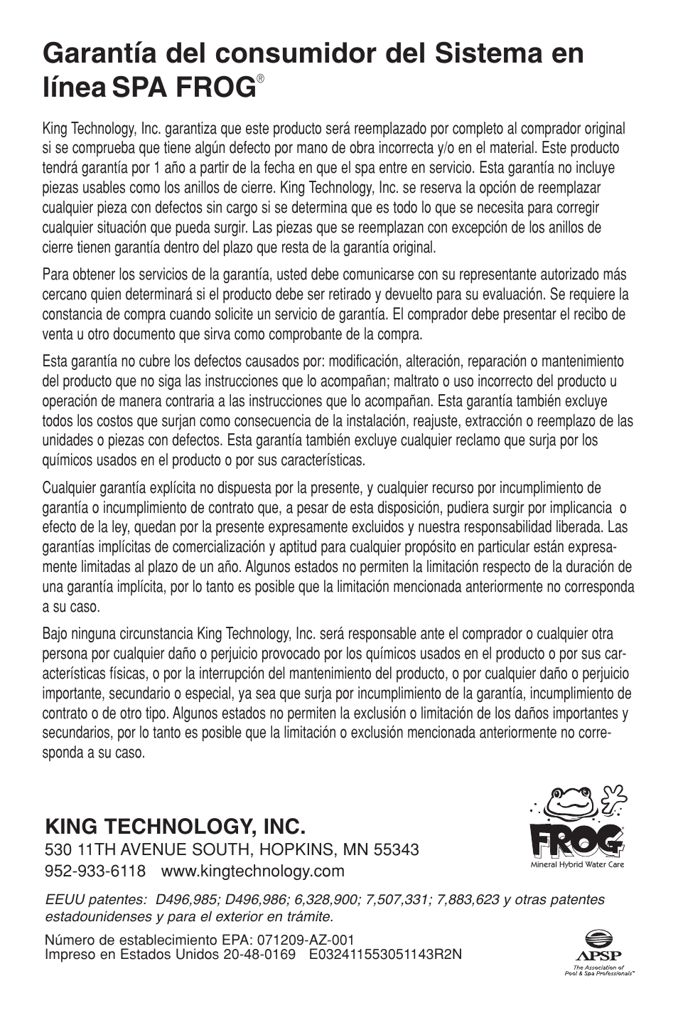 King technology, inc | King Technology SPA FROG In-Line System User Manual | Page 16 / 16