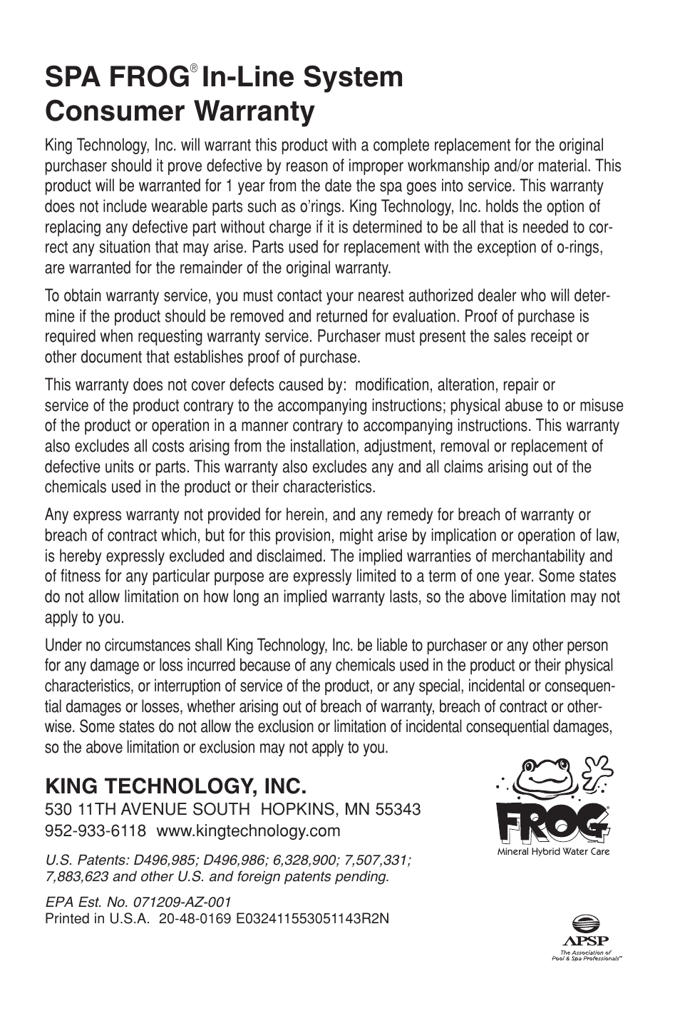 Spa frog, In-line system consumer warranty, King technology, inc | King Technology SPA FROG In-Line System User Manual | Page 8 / 16
