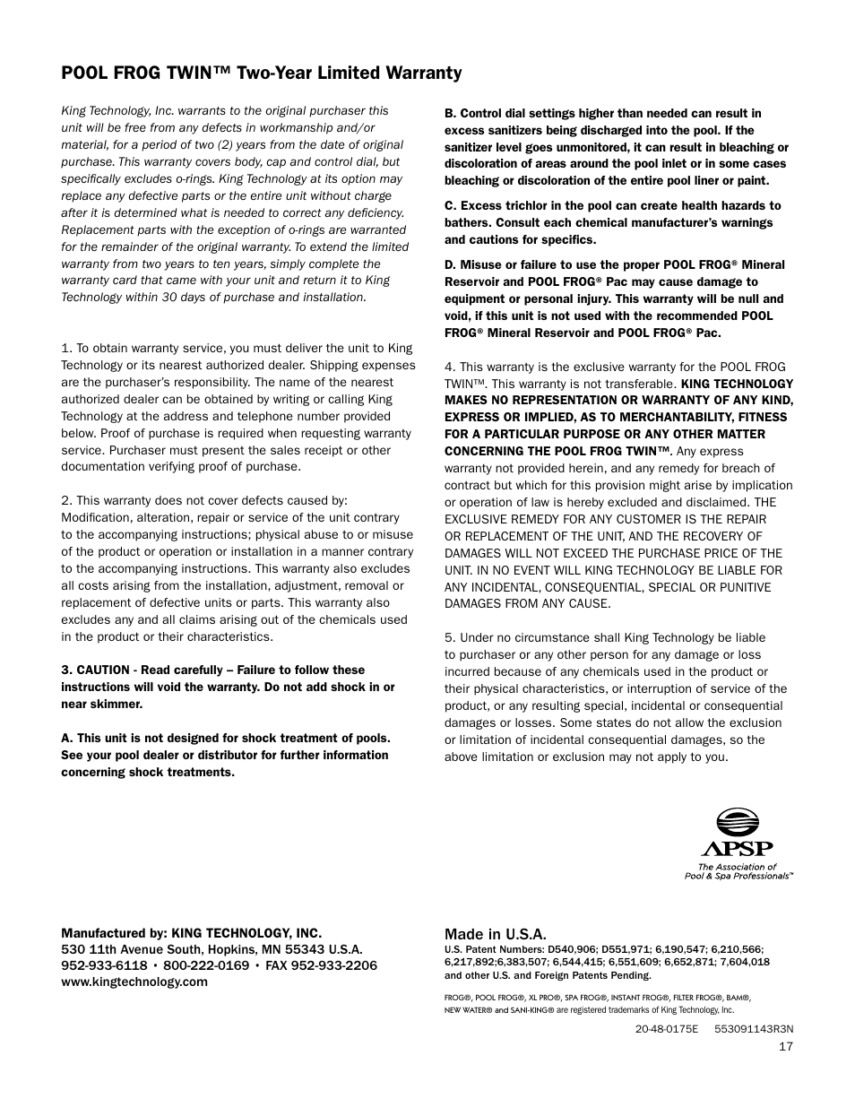 Warranty, Pool frog twin™ two-year limited warranty, Made in u.s.a | King Technology POOL FROG Twin User Manual | Page 17 / 17