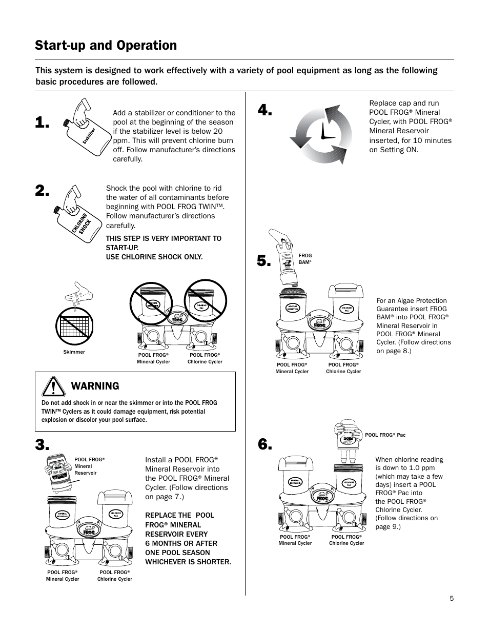 Start-up and operation, Warning | King Technology POOL FROG Twin User Manual | Page 5 / 17