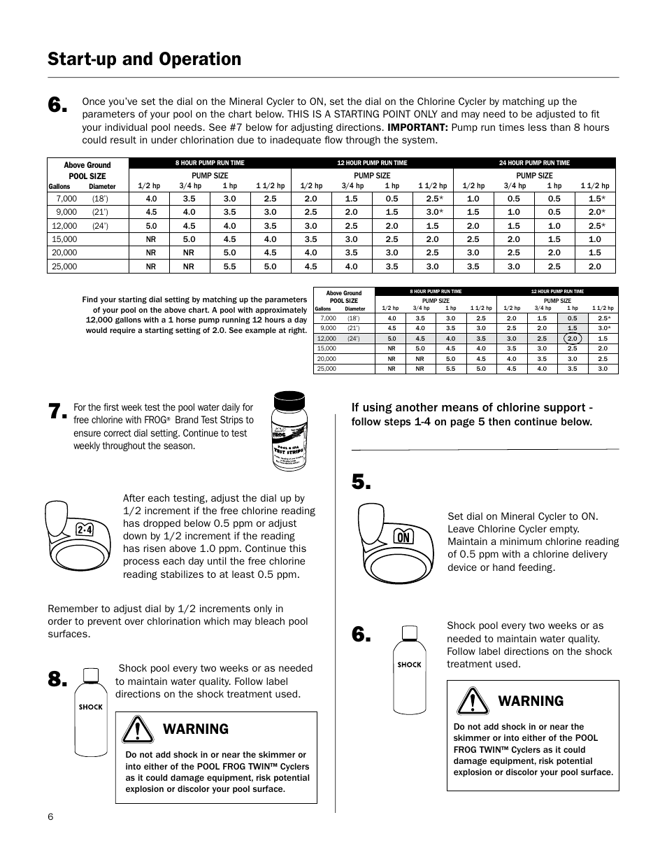 Start-up and operation continued, Start-up and operation, Warning | If using another means of chlorine support, Follow steps 1-4 on page 5 then continue below | King Technology POOL FROG Twin User Manual | Page 6 / 17