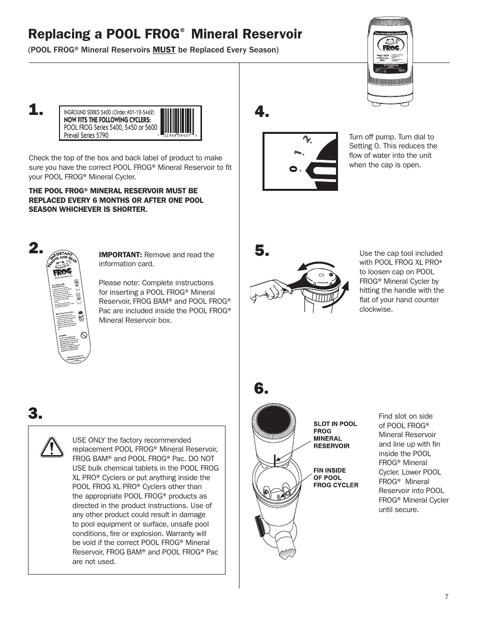 Replacing a pool frog® mineral reservoir, Replacing a pool frog, Mineral reservoir | King Technology POOL FROG XL PRO User Manual | Page 7 / 16