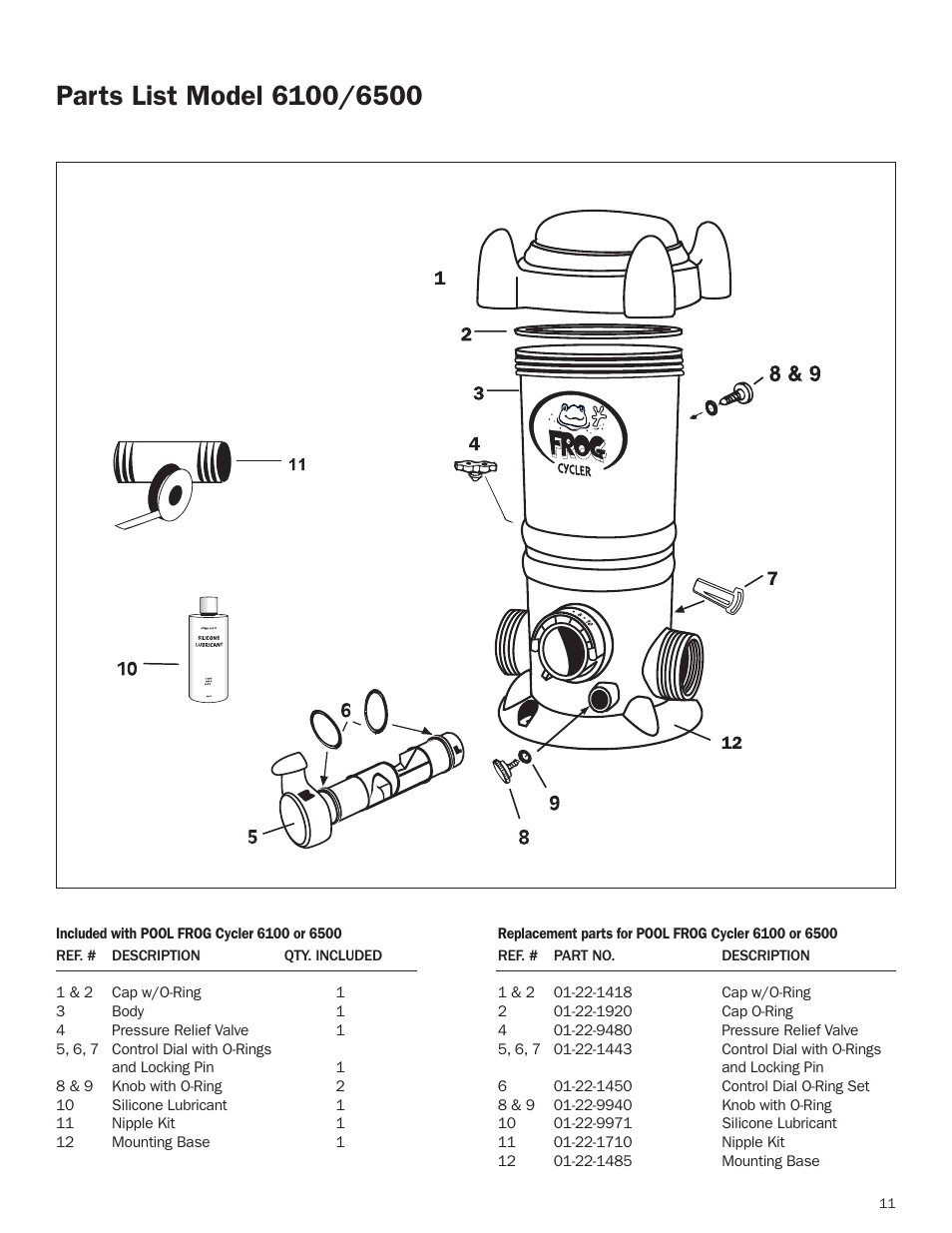 Parts list 6100/6500 | King Technology POOL FROG Model 6100 User Manual | Page 11 / 16