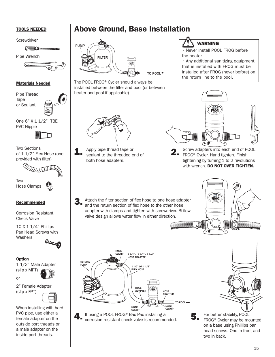 Base installation, Above ground, base installation, Warning | King Technology POOL FROG Model 6100 User Manual | Page 15 / 16