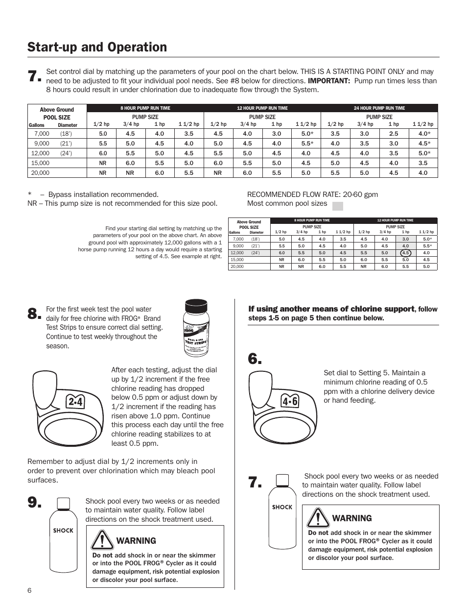 Start-up continued, Start-up and operation, Warning | If using another means of chlorine support | King Technology POOL FROG Model 6100 User Manual | Page 6 / 16