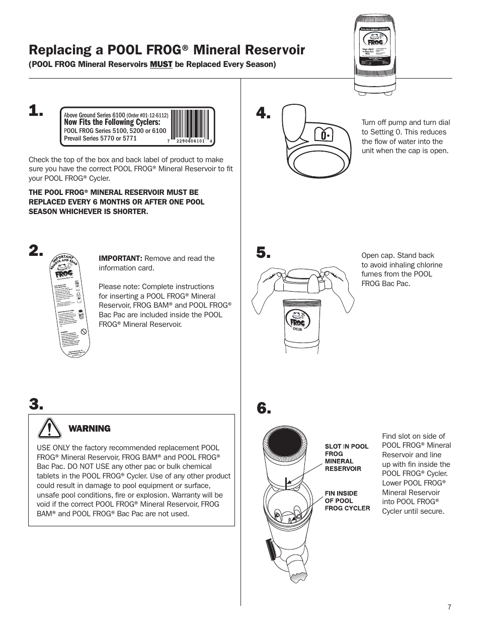 Replacing minerals, Replacing a pool frog® mineral reservoir | King Technology POOL FROG Model 6100 User Manual | Page 7 / 16