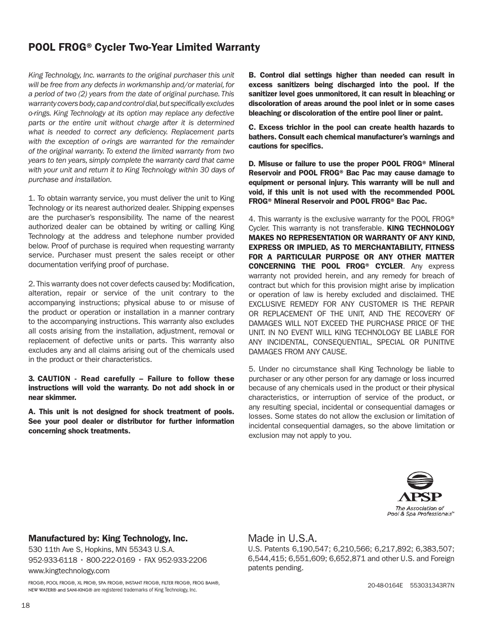 Pool frog®cycler two-year limited warranty, Made in u.s.a | King Technology POOL FROG Model 5400/5430 User Manual | Page 18 / 18