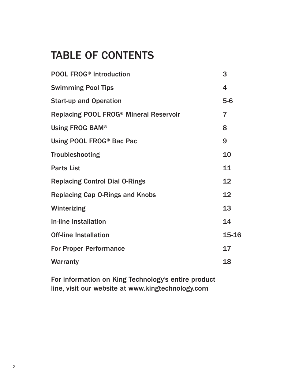 King Technology POOL FROG Model 5400/5430 User Manual | Page 2 / 18