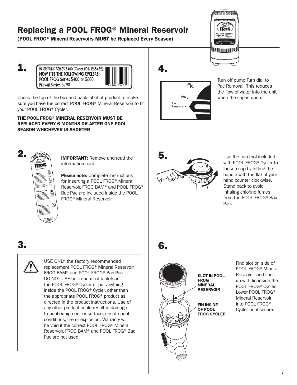 Replacing a pool frog® mineral reservoir | King Technology POOL FROG Model 5400/5430 User Manual | Page 7 / 18