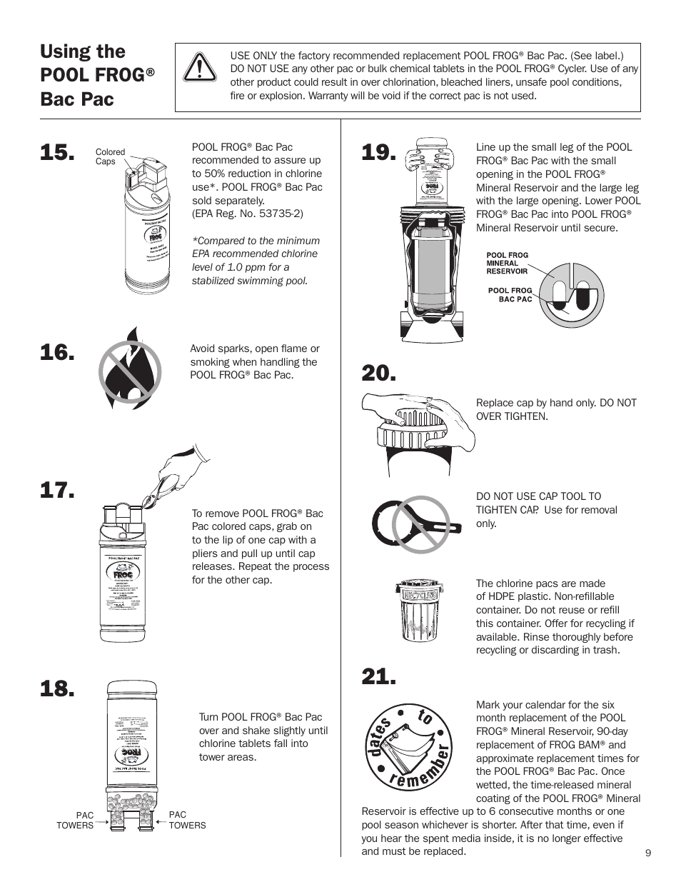 Using the pool frog® bac pac | King Technology POOL FROG Model 5400/5430 User Manual | Page 9 / 18
