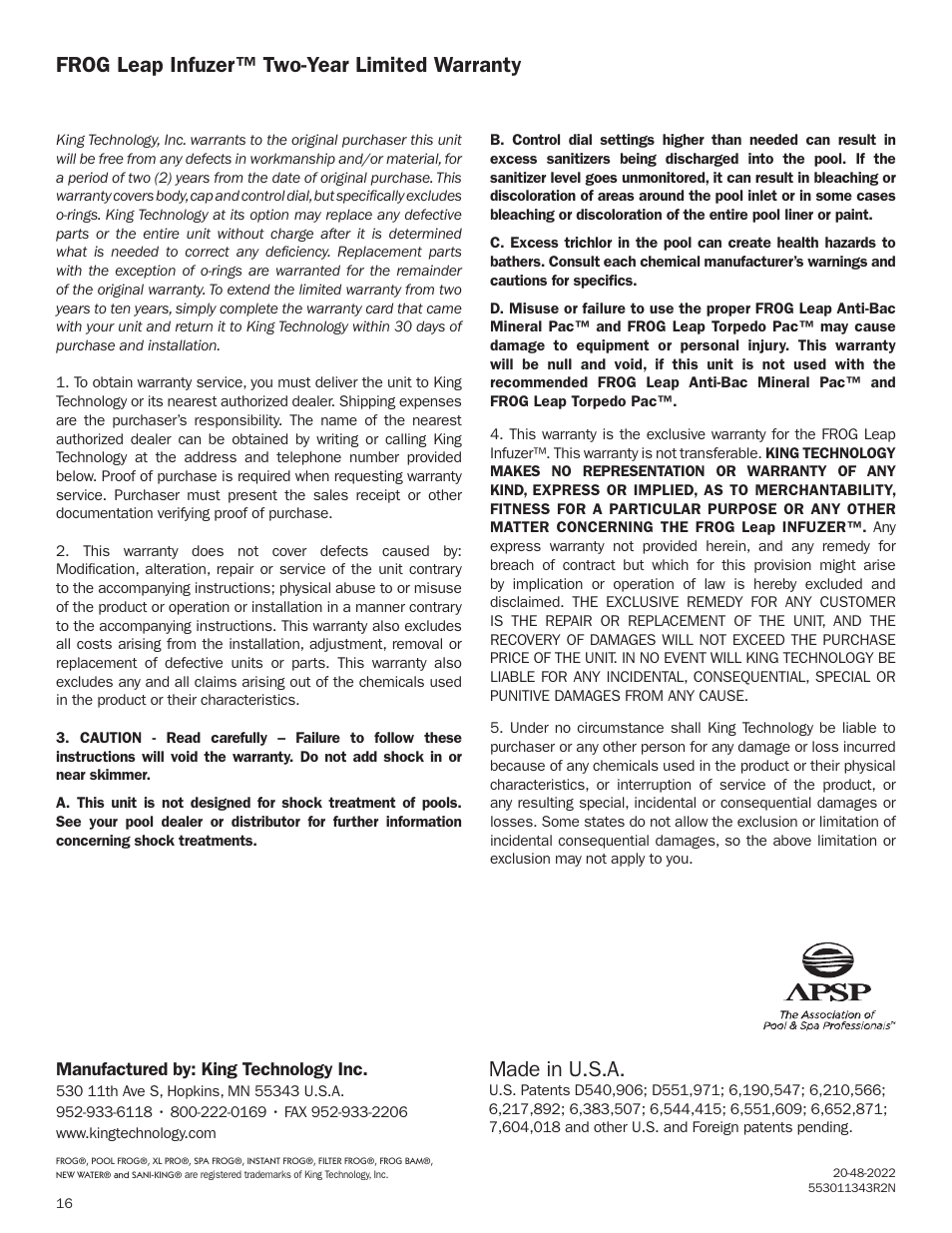 Warranty, Frog leap infuzer™ two-year limited warranty, Made in u.s.a | King Technology FROG Leap Model 7800 User Manual | Page 16 / 16