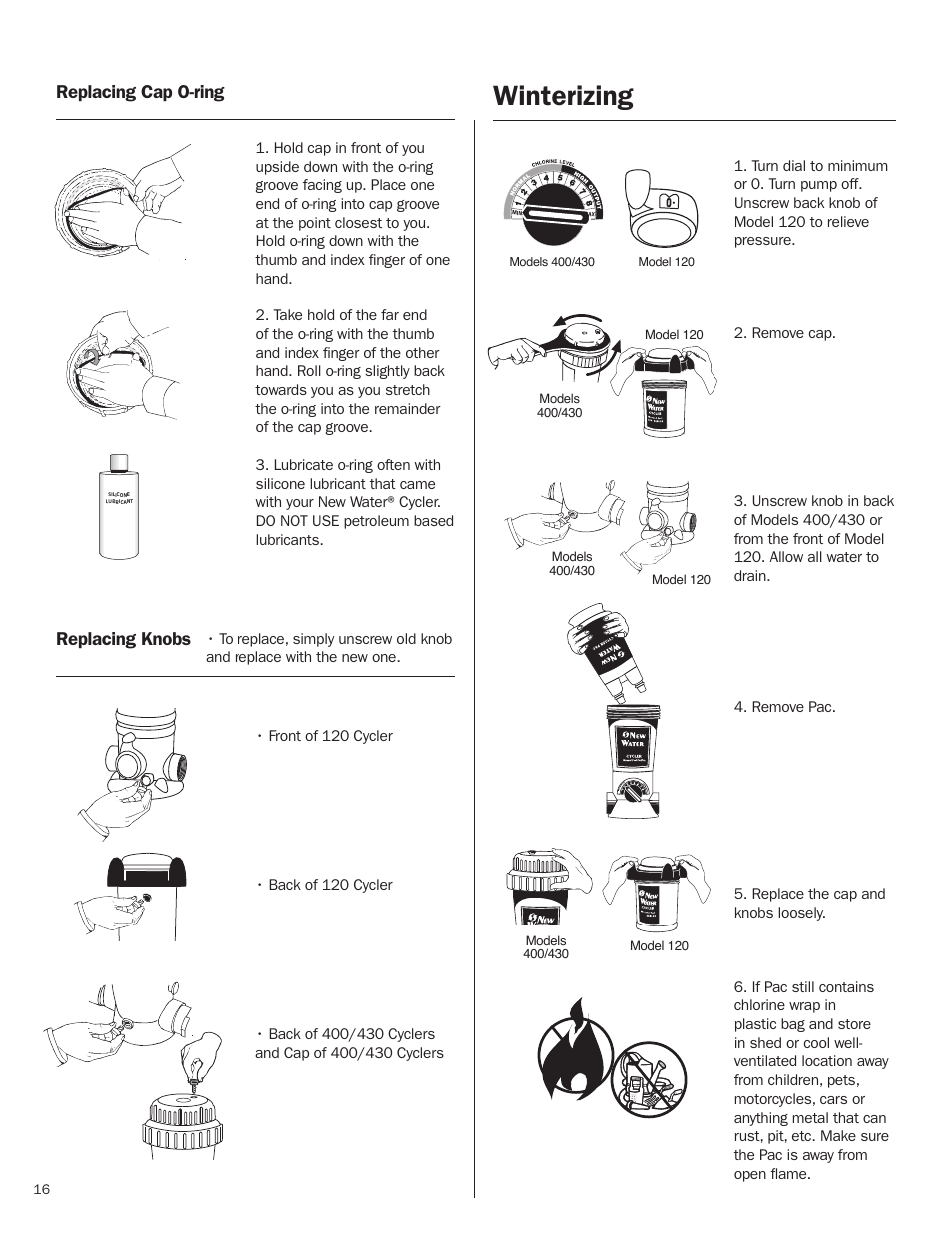 Replacing cap o-ring, replacing knobs, winterizing, Winterizing, Replacing cap o-ring replacing knobs | King Technology New Water Models 400/430 User Manual | Page 16 / 18