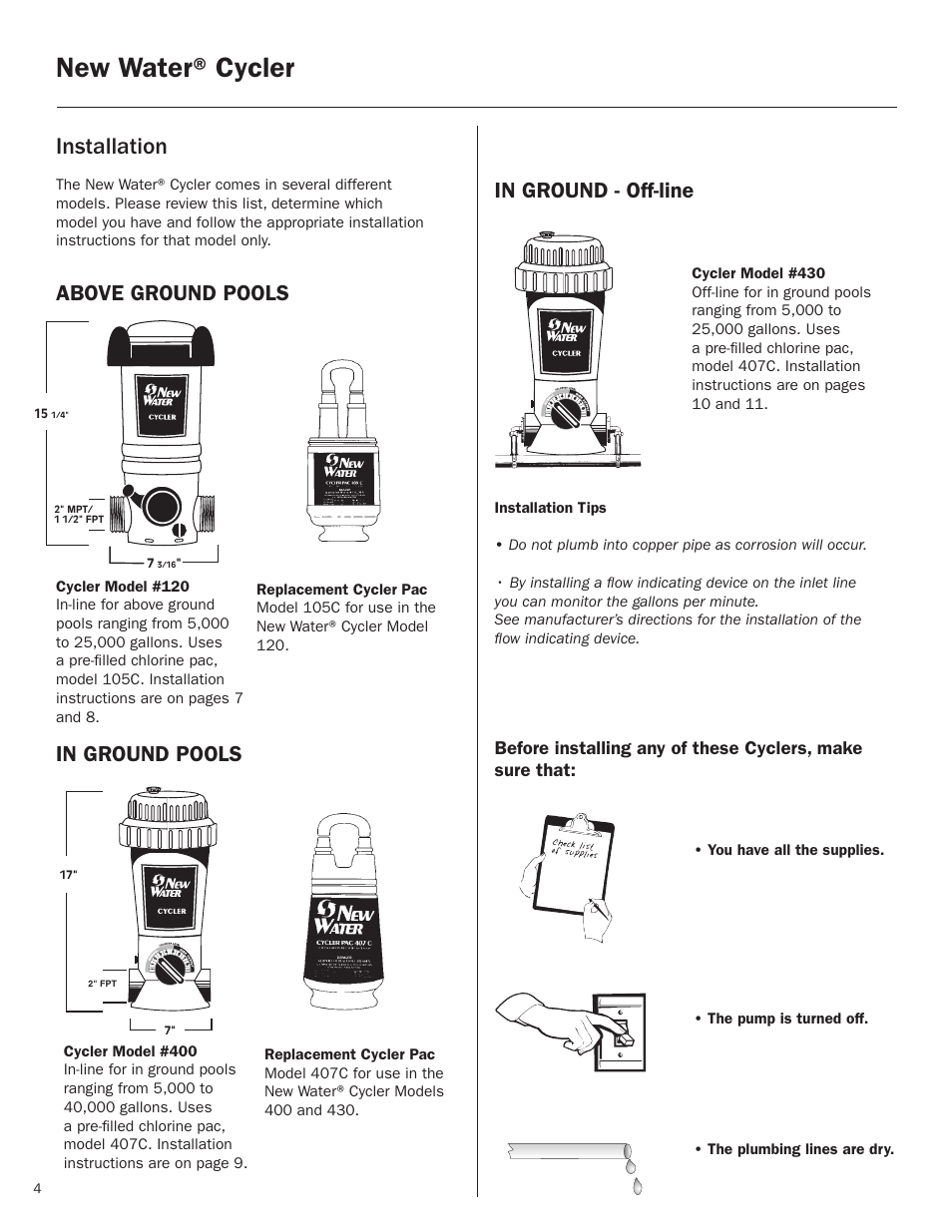 New water® cycler, Installation, Above ground pools | King Technology New Water Models 400/430 User Manual | Page 4 / 18