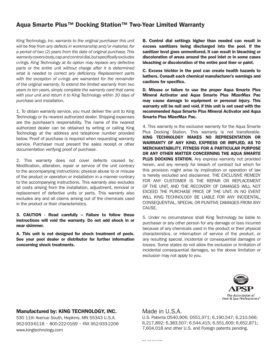 Warranty, Made in u.s.a | King Technology Aqua Smarte Plus Mineral Dispensing System Model 7700 User Manual | Page 16 / 16