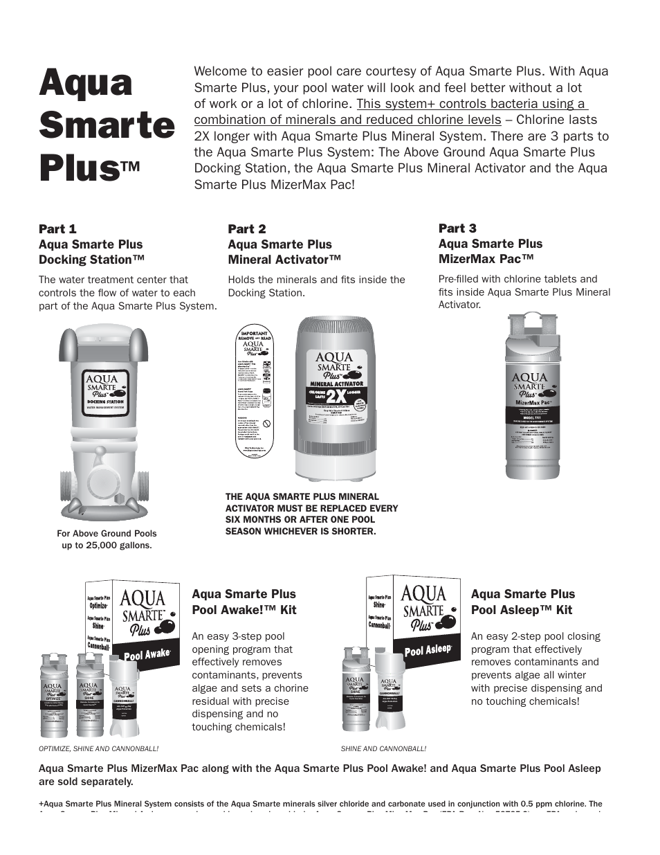 Welcome, Aqua smarte plus, Part 1 aqua smarte plus docking station | Part 2 aqua smarte plus mineral activator, Part 3 aqua smarte plus mizermax pac, Aqua smarte plus pool awake!™ kit, Aqua smarte plus pool asleep™ kit | King Technology Aqua Smarte Plus Mineral Dispensing System Model 7700 User Manual | Page 3 / 16