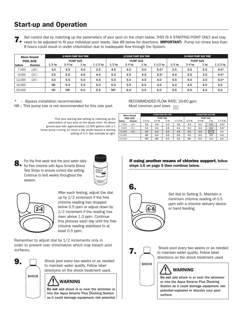 Start-up continued, Start-up and operation, Warning | If using another means of chlorine support | King Technology Aqua Smarte Plus Mineral Dispensing System Model 7700 User Manual | Page 6 / 16