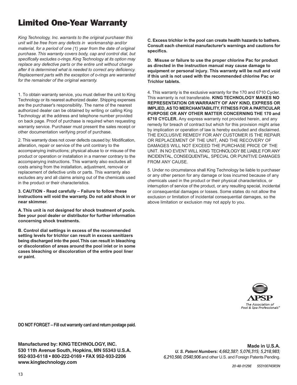 Warranty, Limited one-year warranty | King Technology Prevail System User Manual | Page 13 / 13