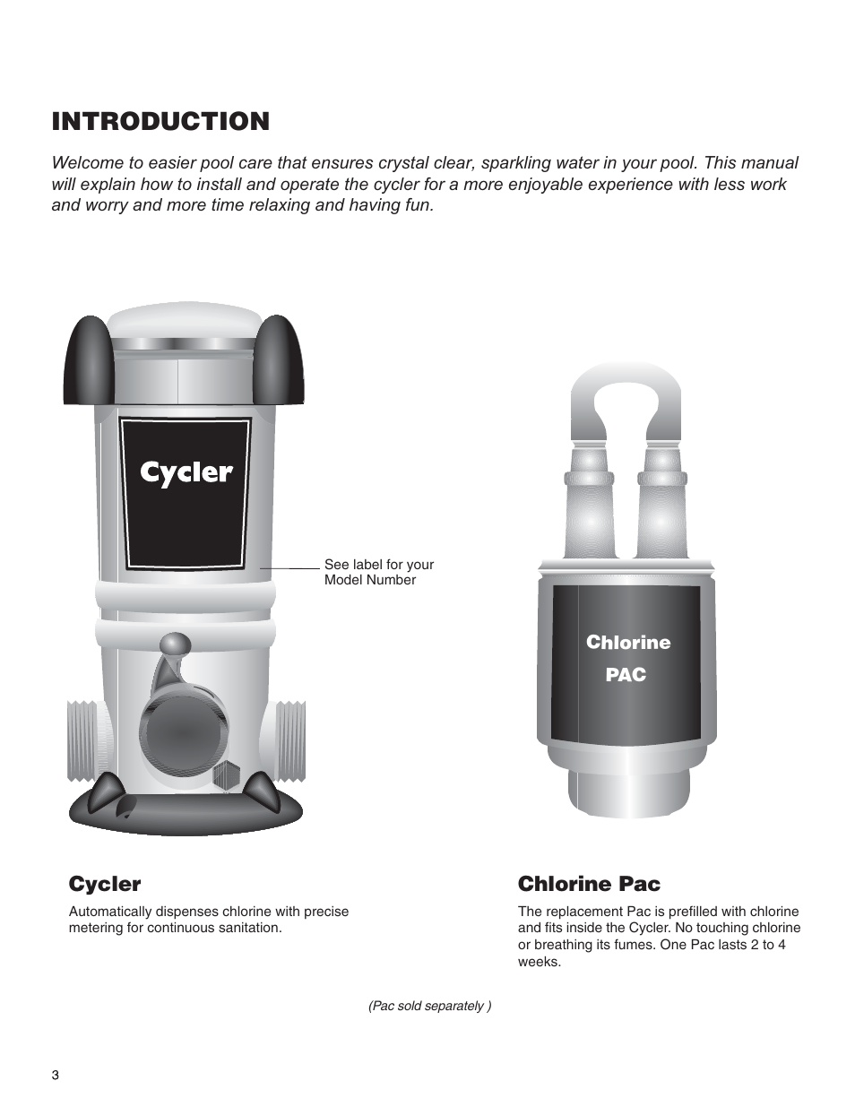 Introduction, Chlorine pac, Cycler | King Technology Prevail System User Manual | Page 3 / 13