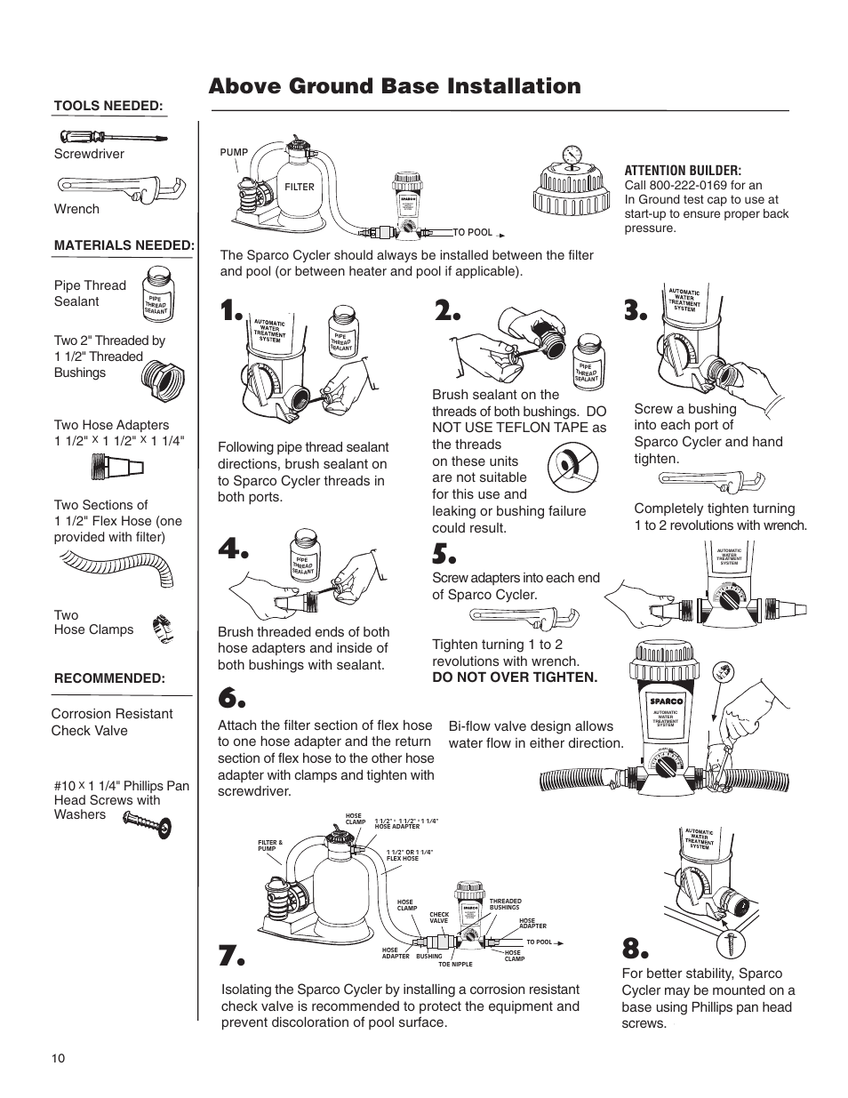 Above ground base insallation, Above ground base installation, Water | 1 1/4" phillips pan head screws with washers | King Technology Sparco System User Manual | Page 10 / 12