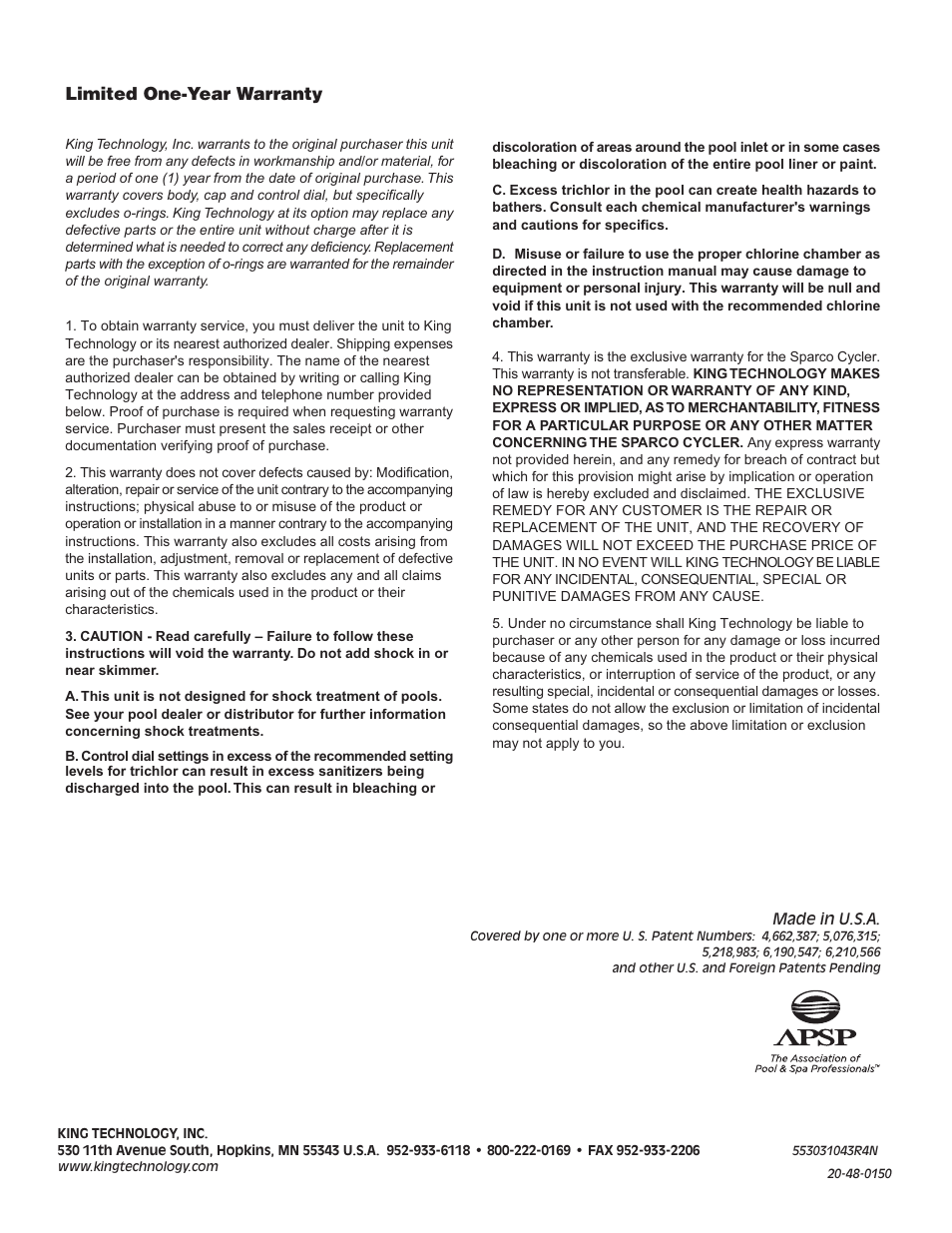 Warranty | King Technology Sparco System User Manual | Page 12 / 12