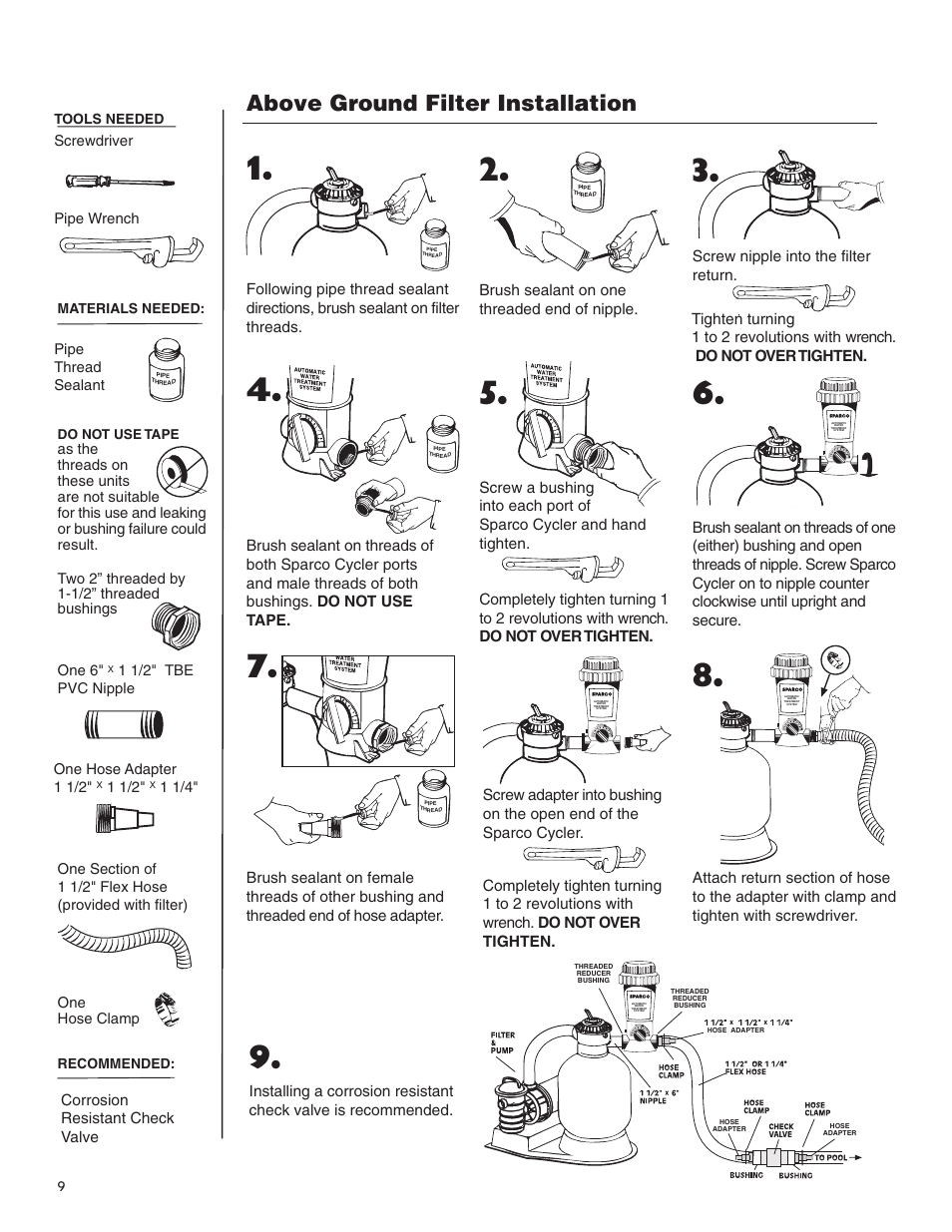 Above ground filter installation, Water, Corrosion resistant check valve | King Technology Sparco System User Manual | Page 9 / 12