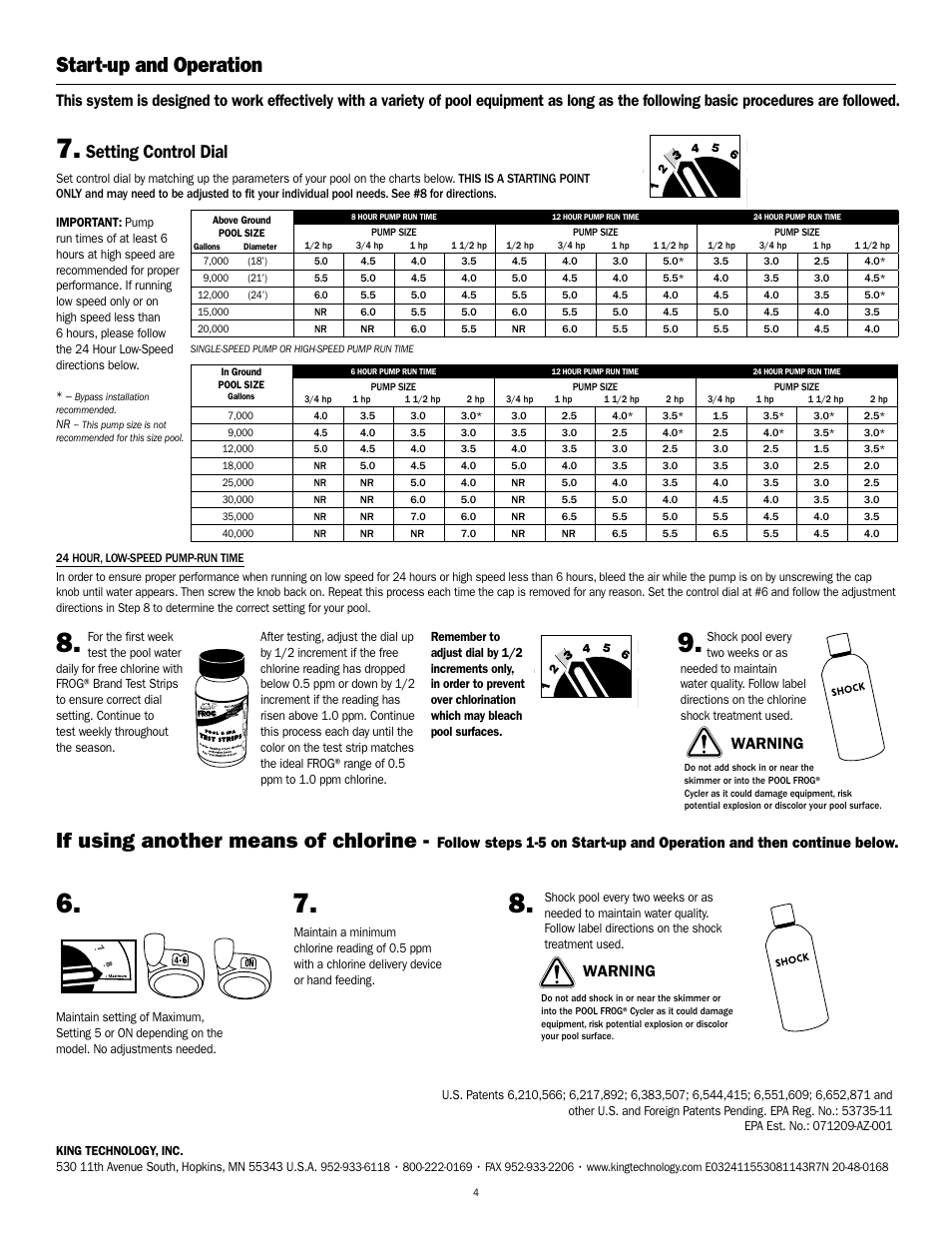 Start-up and operation, If using another means of chlorine, Setting control dial | Warning | King Technology POOL FROG Mineral Reservoir User Manual | Page 4 / 4