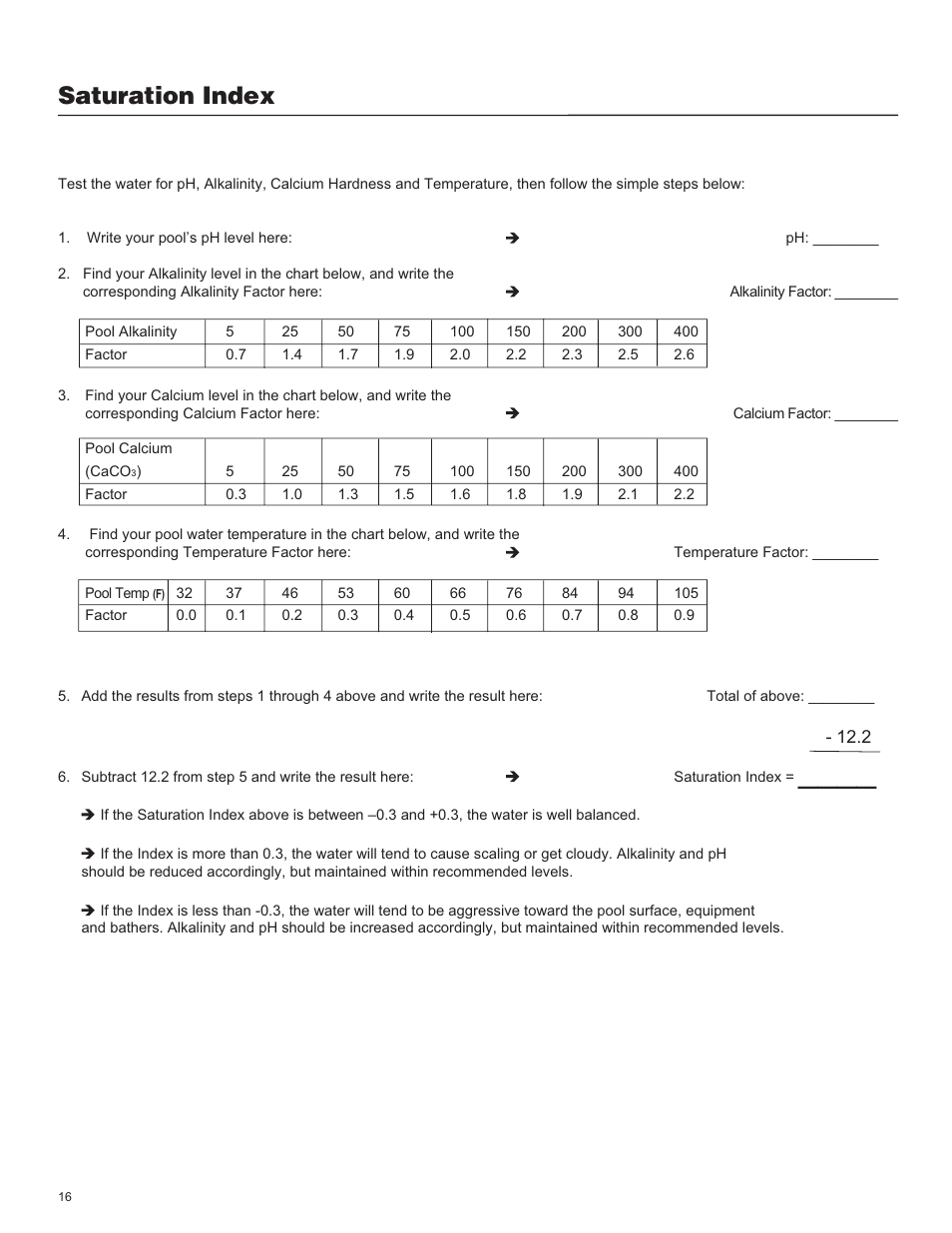 Saturation index | King Technology POOL FROG Mineral Hybrid System Analog User Manual | Page 16 / 20
