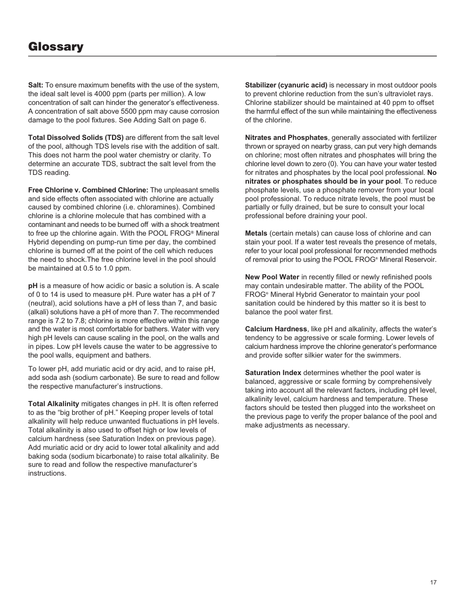 Glossary | King Technology POOL FROG Mineral Hybrid System Analog User Manual | Page 17 / 20