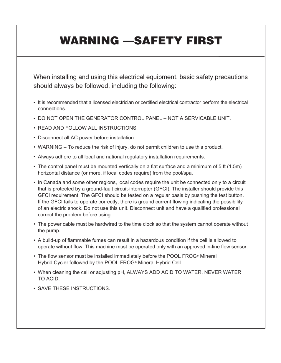 Warning —safety first | King Technology POOL FROG Mineral Hybrid System Analog User Manual | Page 2 / 20