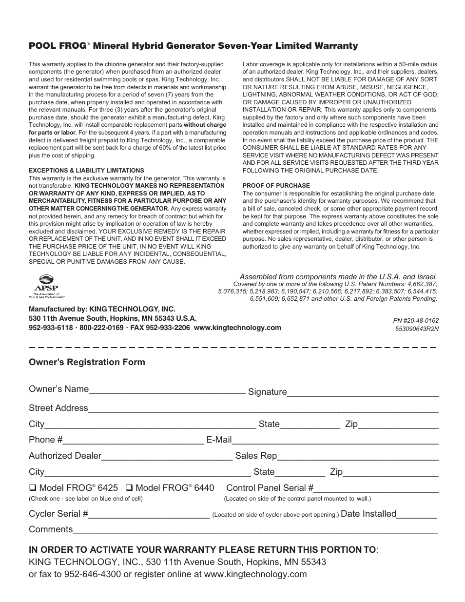 King Technology POOL FROG Mineral Hybrid System Analog User Manual | Page 20 / 20