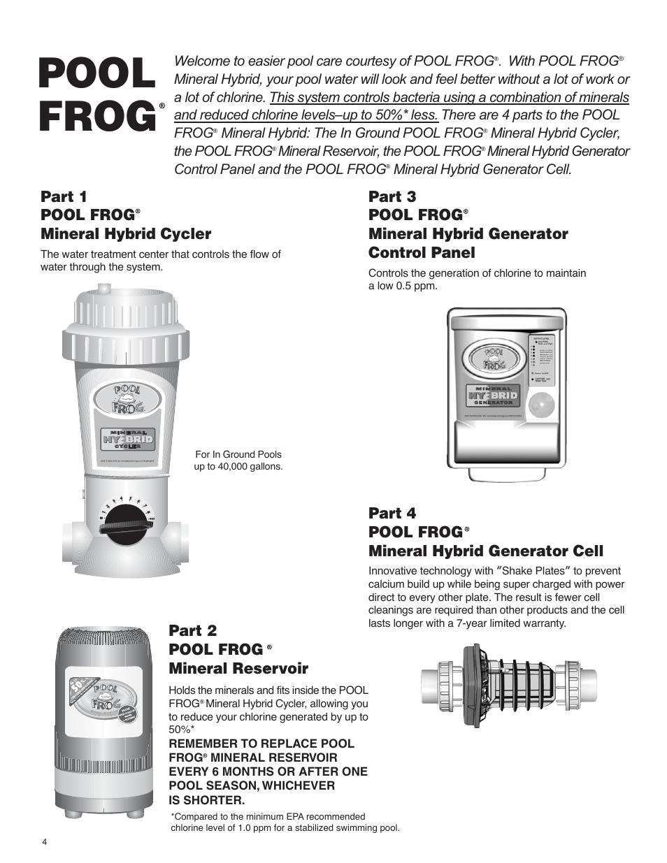 Introduction, Pool frog, Part 1 pool frog mineral hybrid cycler | Part 2 pool frog mineral reservoir, Part 4 pool frog mineral hybrid generator cell, Welcome to easier pool care courtesy of pool frog, With pool frog, Mineral hybrid: the in ground pool frog, Mineral hybrid cycler, the pool frog, Mineral reservoir, the pool frog | King Technology POOL FROG Mineral Hybrid System Analog User Manual | Page 4 / 20