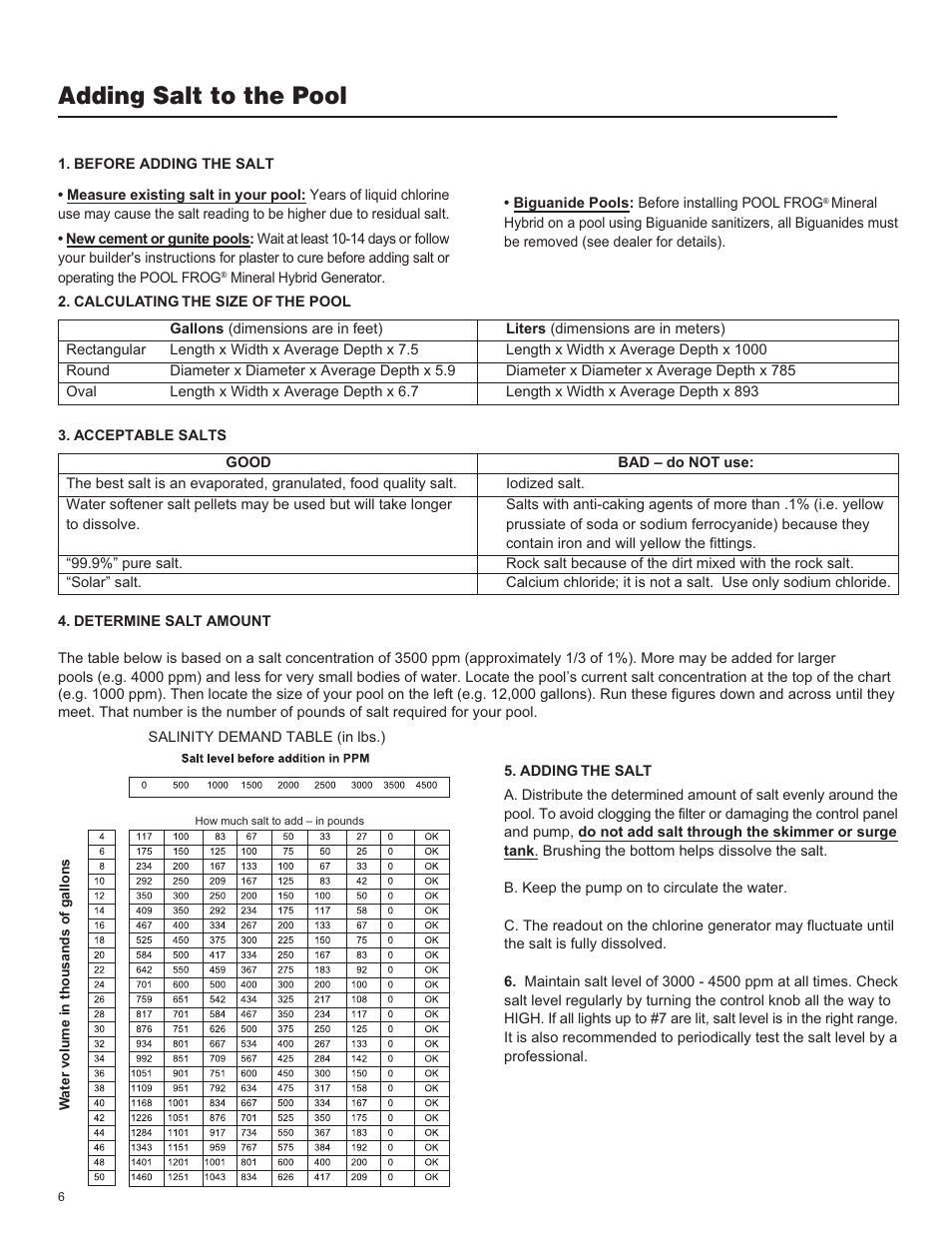 Adding salt, Adding salt to the pool | King Technology POOL FROG Mineral Hybrid System Analog User Manual | Page 6 / 20