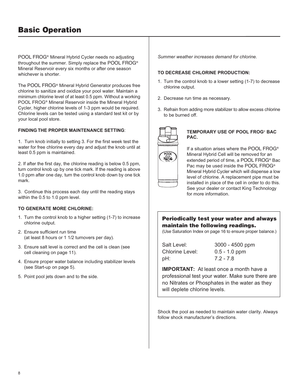 Basic operation | King Technology POOL FROG Mineral Hybrid System Analog User Manual | Page 8 / 20