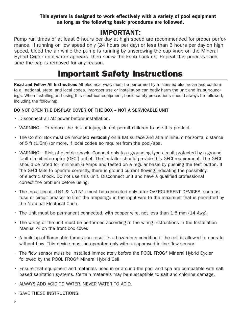 Important safety instructions, Important | King Technology POOL FROG Mineral Hybrid System Digital User Manual | Page 2 / 19