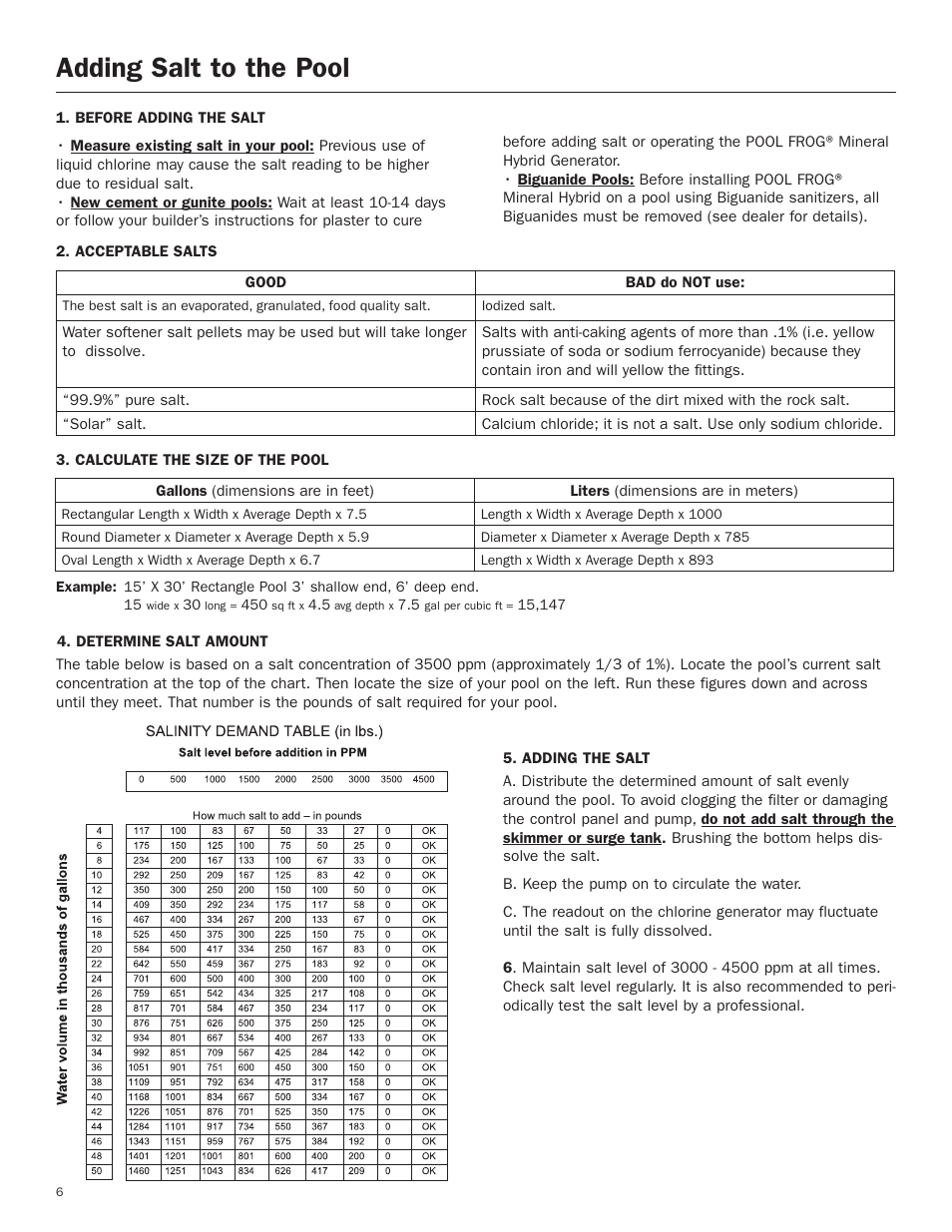 Adding salt to the pool | King Technology POOL FROG Mineral Hybrid System Digital User Manual | Page 6 / 19