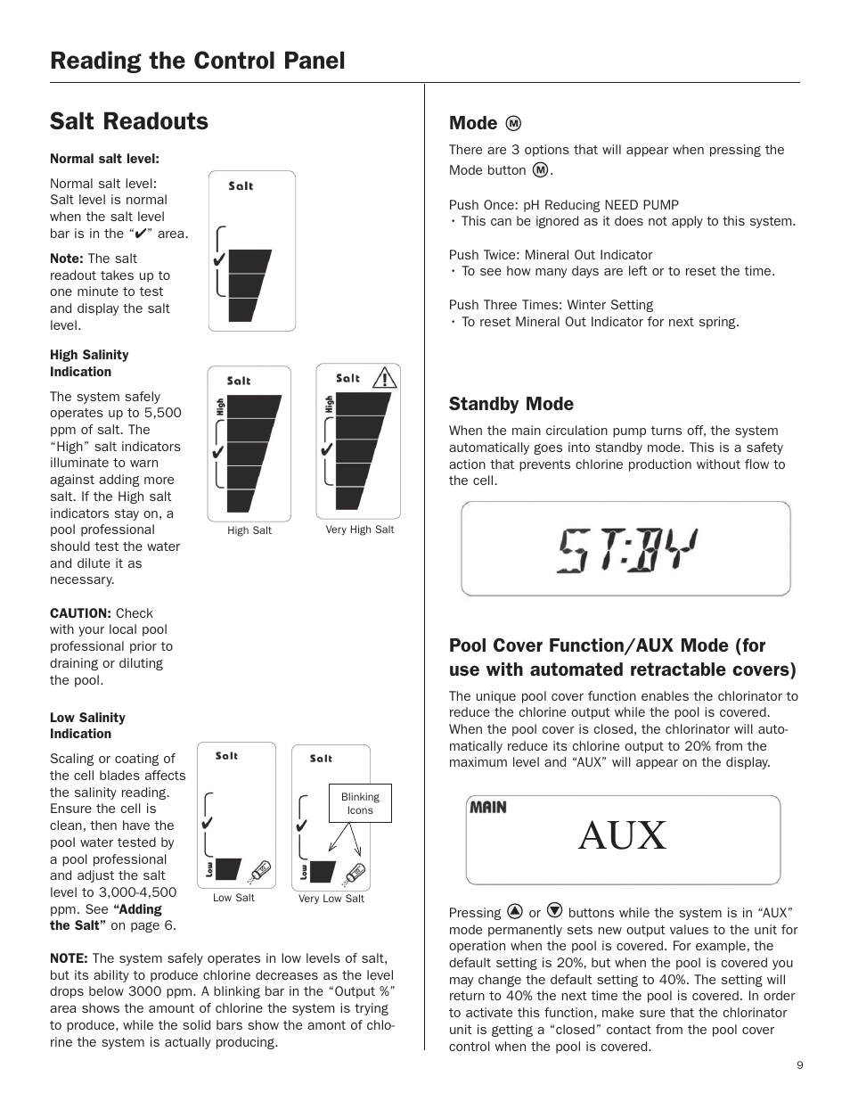 Reading the control panel salt readouts, Mode, Standby mode | King Technology POOL FROG Mineral Hybrid System Digital User Manual | Page 9 / 19