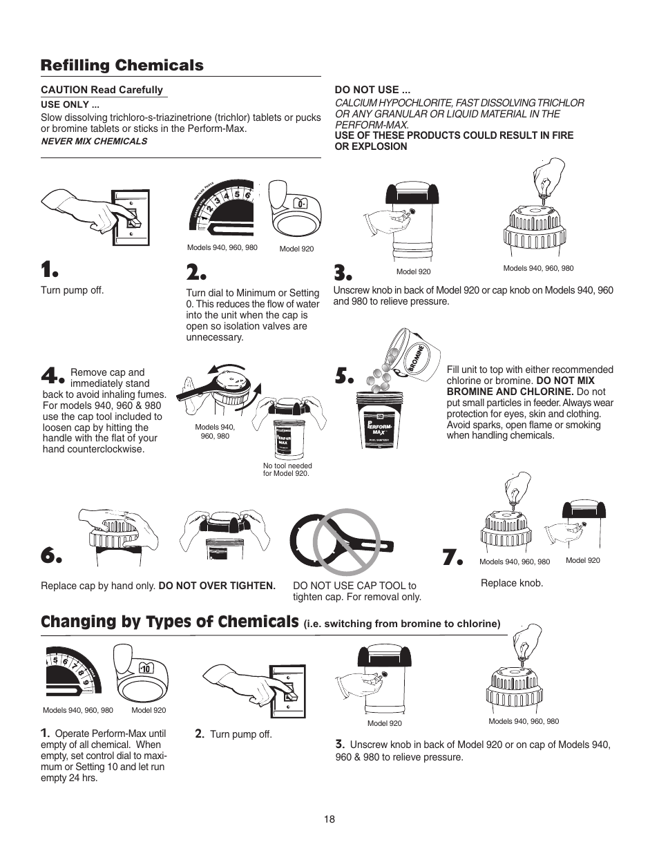 Refilling chemicals, Changing by types of chemicals | King Technology Perform-Max Feeders User Manual | Page 18 / 24