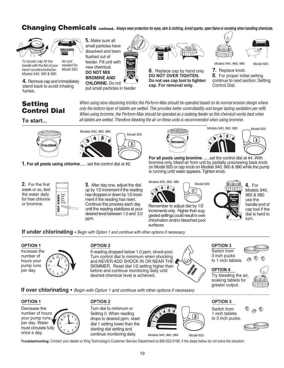 Setting control dial, Changing chemicals, If under chlorinating | If over chlorinating | King Technology Perform-Max Feeders User Manual | Page 19 / 24