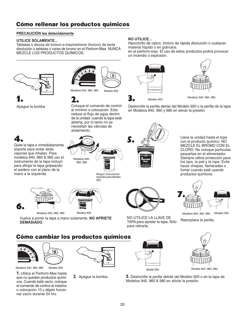 Cómo rellenar los productos químicos, Cómo cambiar los productos químicos | King Technology Perform-Max Feeders User Manual | Page 20 / 24