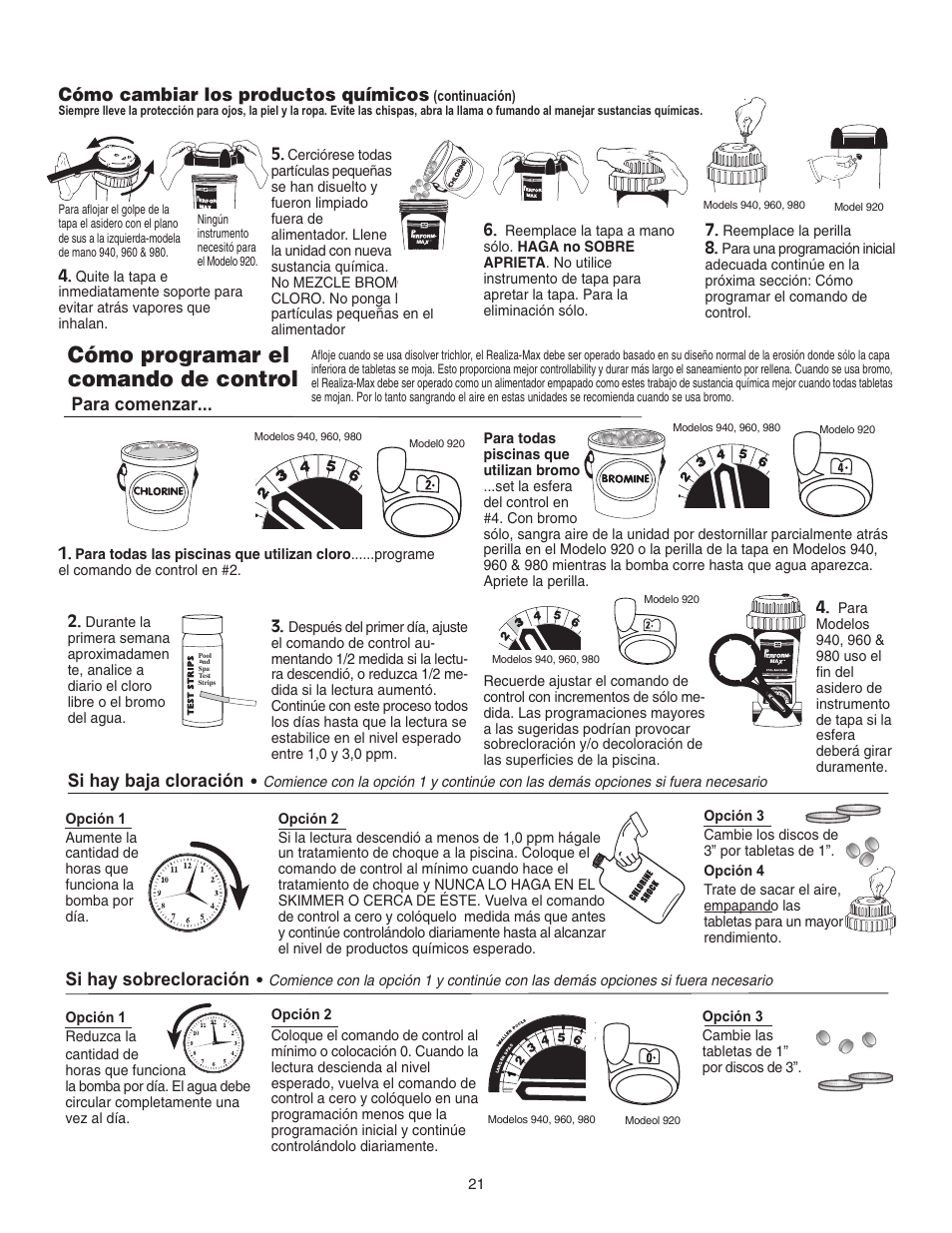 Cómo programar el comando de control, Cómo cambiar los productos químicos, Si hay baja cloración | Para comenzar, Si hay sobrecloración | King Technology Perform-Max Feeders User Manual | Page 21 / 24
