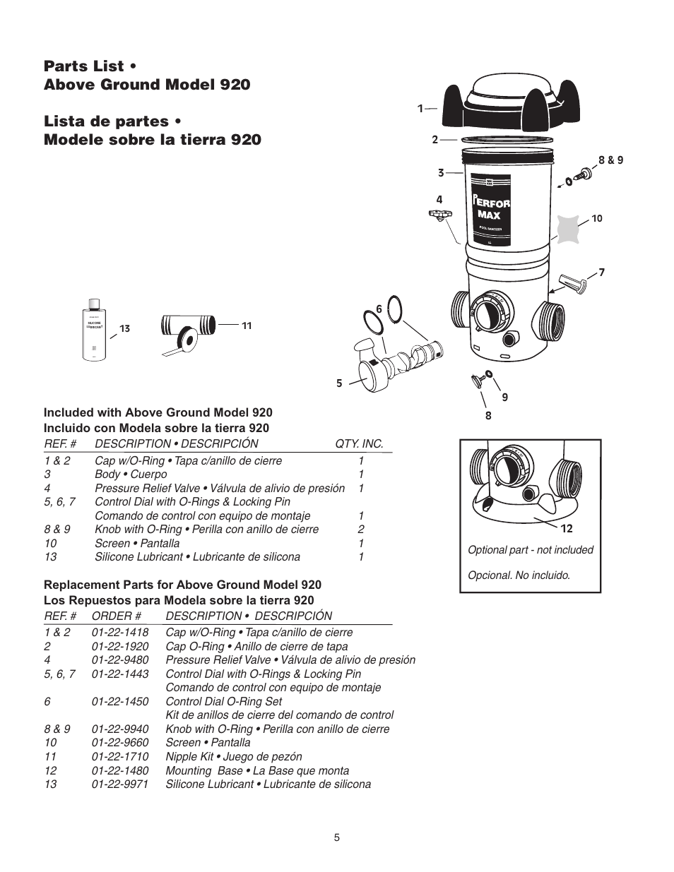 Above ground cycler parts list pg 5, Lista de partes •modele sobre la tierra 920 | King Technology Perform-Max Feeders User Manual | Page 5 / 24