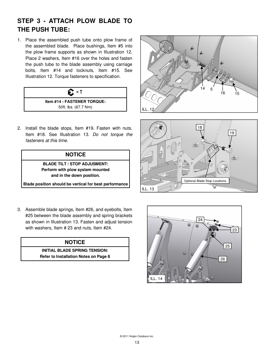 Step 3 - attach plow blade to the push tube, Notice | Kolpin 10-0520 X-Factor Plow User Manual | Page 13 / 21