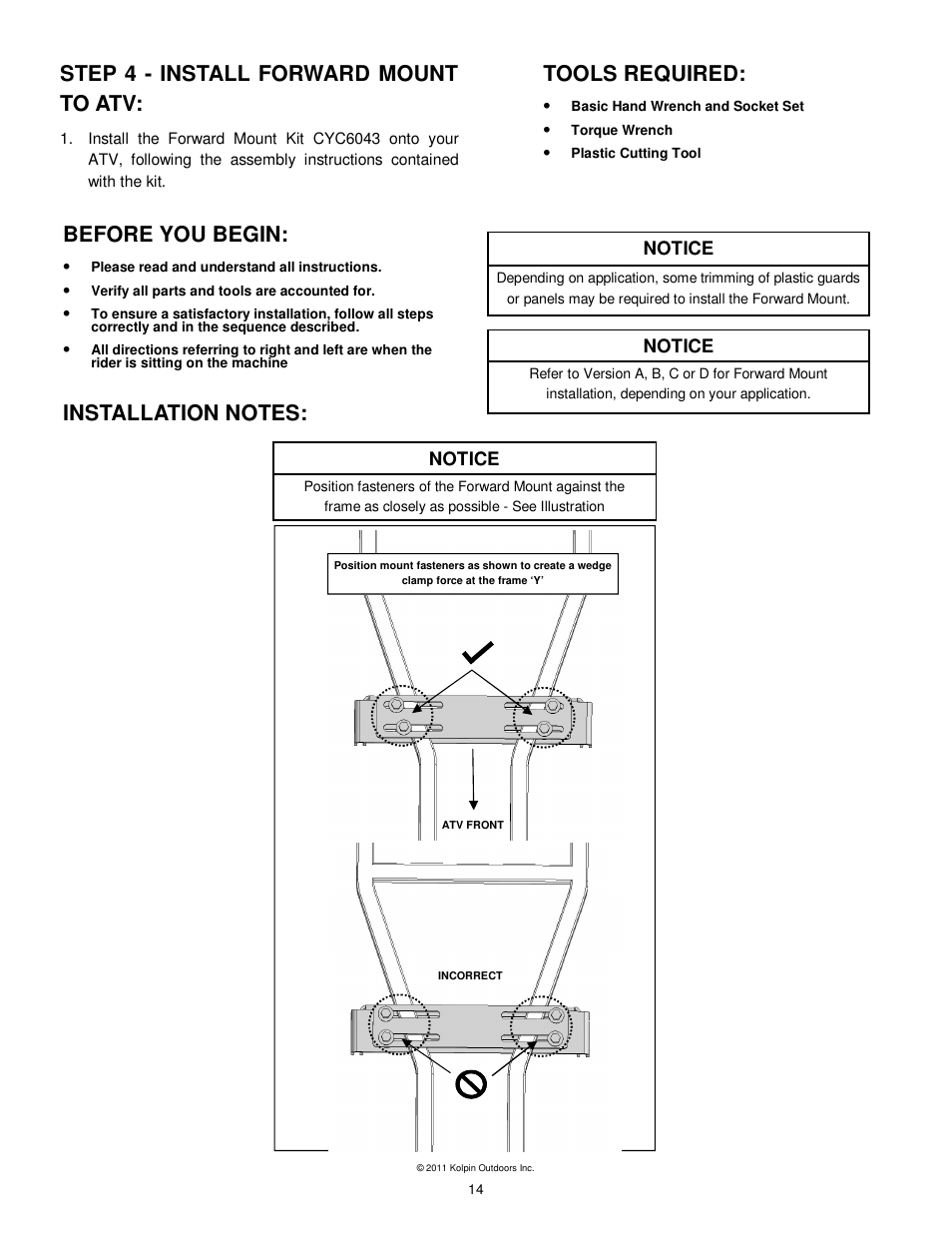 Step 4 - install forward mount to atv, Before you begin | Kolpin 10-0520 X-Factor Plow User Manual | Page 14 / 21