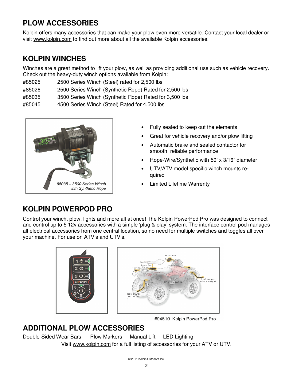 Plow accessories, Kolpin winches, Kolpin powerpod pro | Additional plow accessories | Kolpin 10-0520 X-Factor Plow User Manual | Page 2 / 21